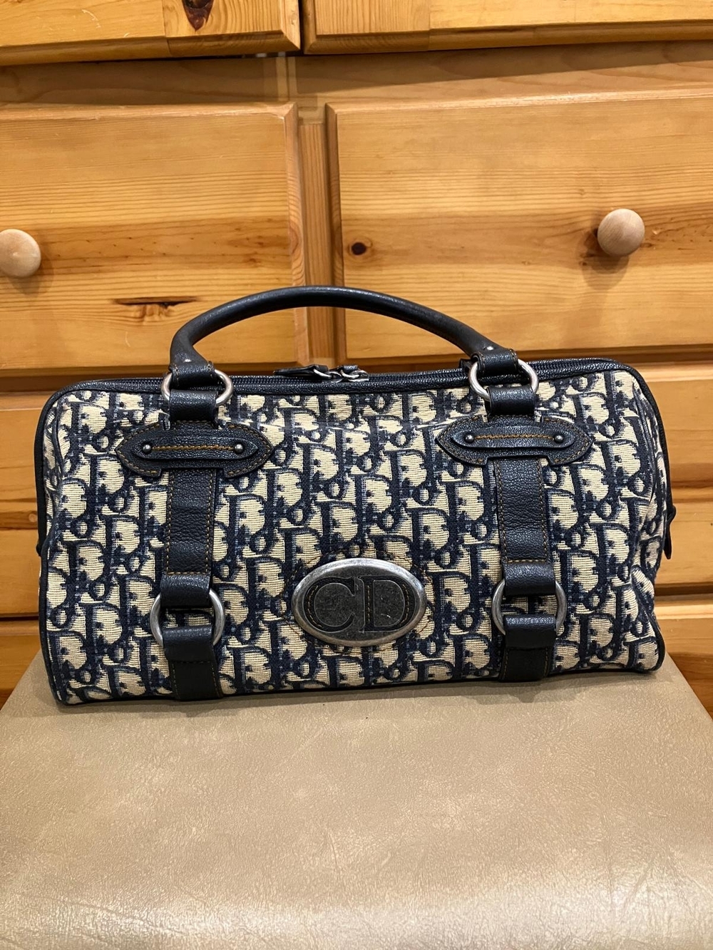 Dior Navy Blue and Cream Monogram Hand Bag